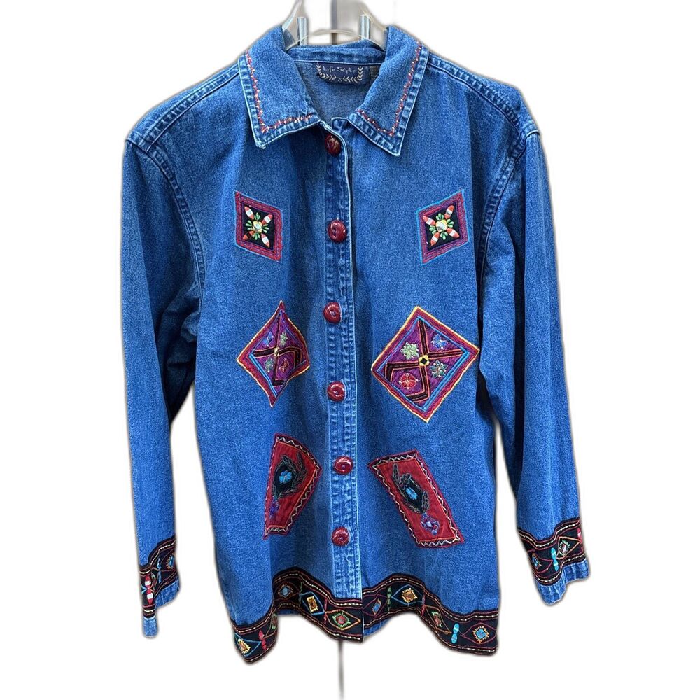 Life Style Women Denim Jacket Embroidered Appliqué Blue Art To Wear S Cotton